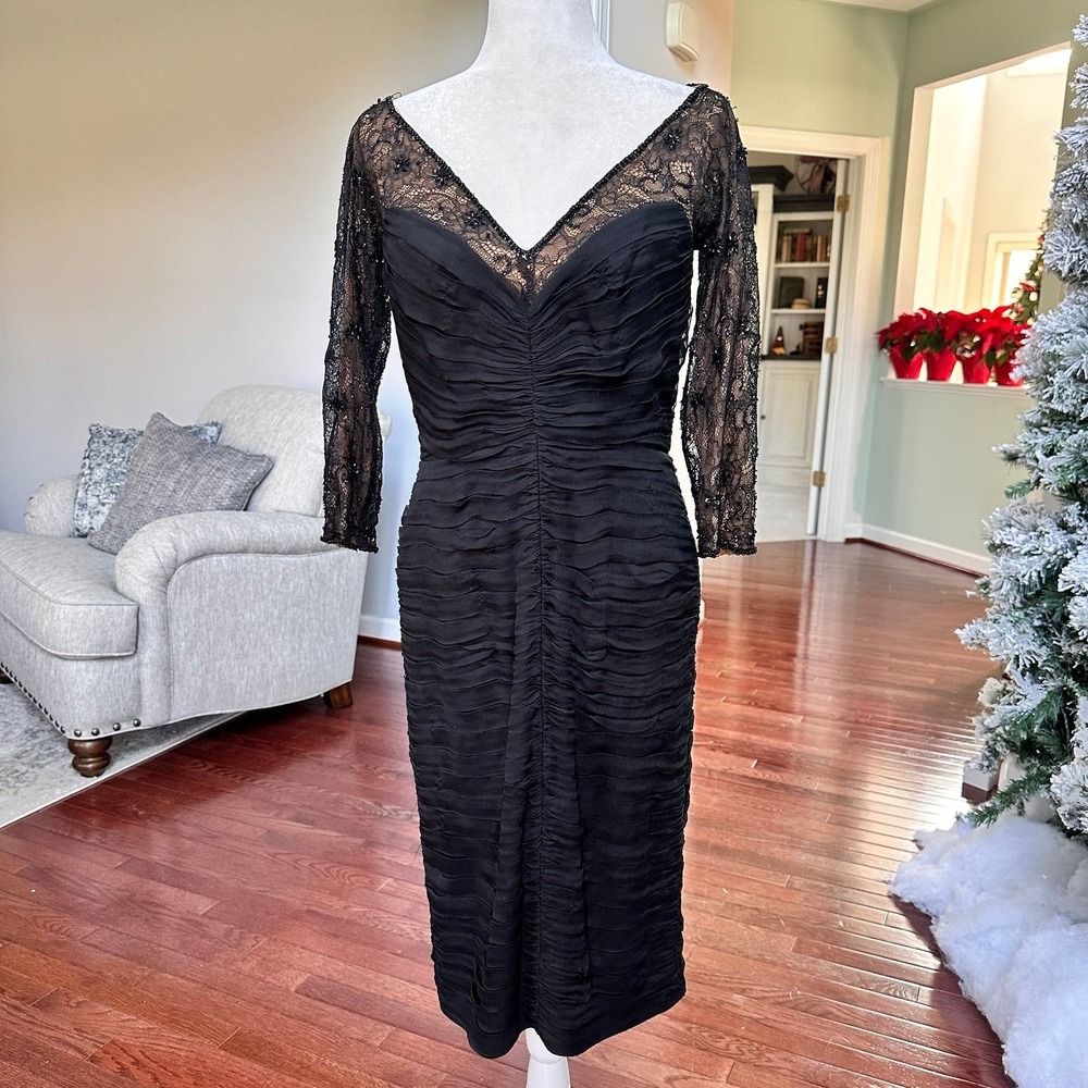 Vintage Tadashi Shoji 100% Silk Black Lace V Neck Beaded Cocktial‎ Dress